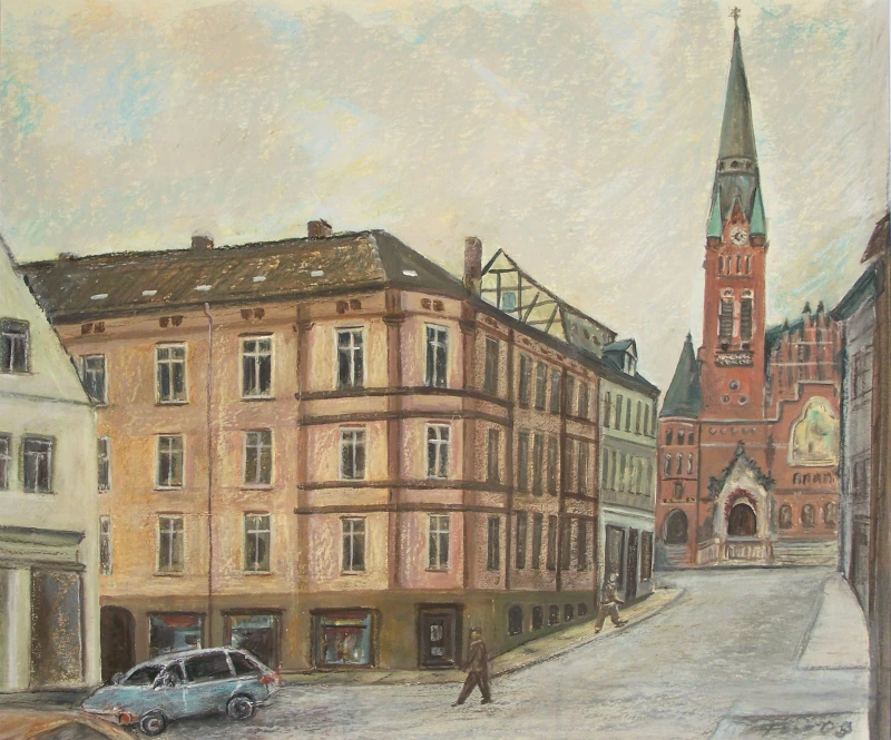 Altenburger Ansichten regen an zum gemeinsamen Betrachten und Erinnern | Friedheim Milczynski, Oberer Markt – Ecke Klostergasse, 2003, Pastellzeichnung