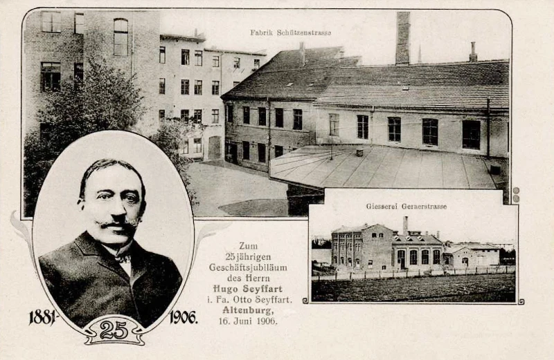 Von der Gürtlerei Otto Seyffart zur Werkstatt für Metallgestaltung des Staatlichen Kunsthandels der DDR  | Jubiläumskarte für Hugo Seyffart aus dem Jahr 1906