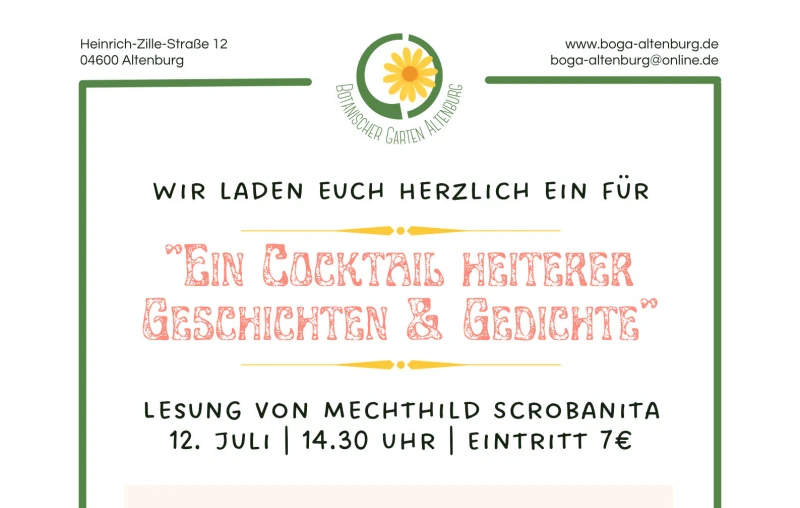 Ein Cocktail aus heiteren Geschichten & Gedichten: Lesung im Botanischen Erlebnisgarten | 