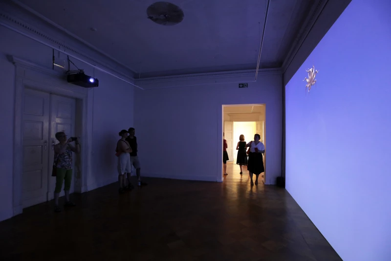 Offene Familienwerkstatt des Lindenau Museums: Da flog der Oktopus | Ausstellungsansicht „Asta Gröting. Das Wesen von x – Gerhard-Altenbourg-Preis 2023", rechts: Filmstill „Things", 2018, VG Bild-Kunst, Bonn 2023