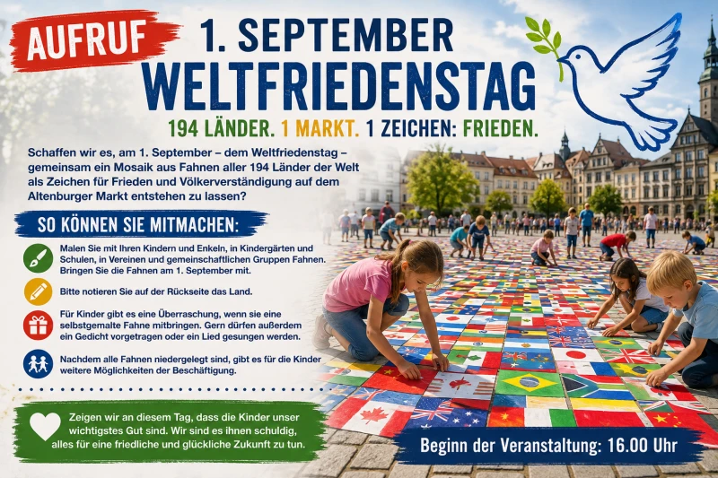 Aufruf zum Weltfriedenstag: Mosaik aus 194 Länder-Fahnen in Altenburg | 