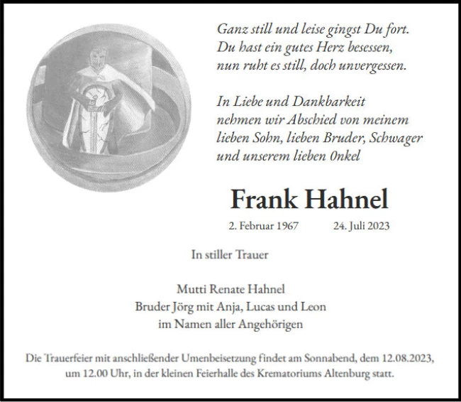 Traueranzeige Frank Hahnel