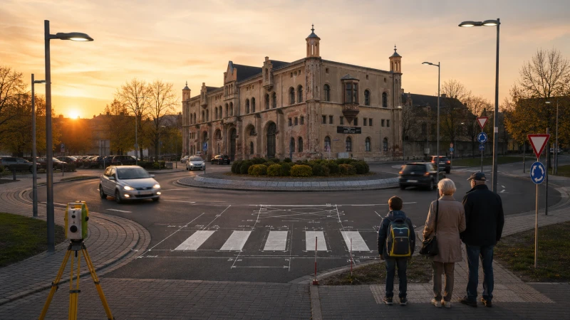 Zwischen Zebra und Bankrott – Die tragische Dualität der DIN-Norm am Marstall-Kreisverkehr | Bild wurde mit KI generiert und dient lediglich zur Veranschaulichung.