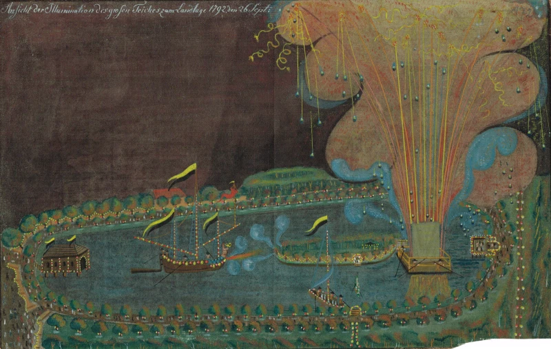 Erquickung und Ergötzlichkeiten – Feste und Feiern bei Hofe | Christian Friedrich Schadewitz (1779-1847), Illumination des Großen Teiches zum Landtag 1792