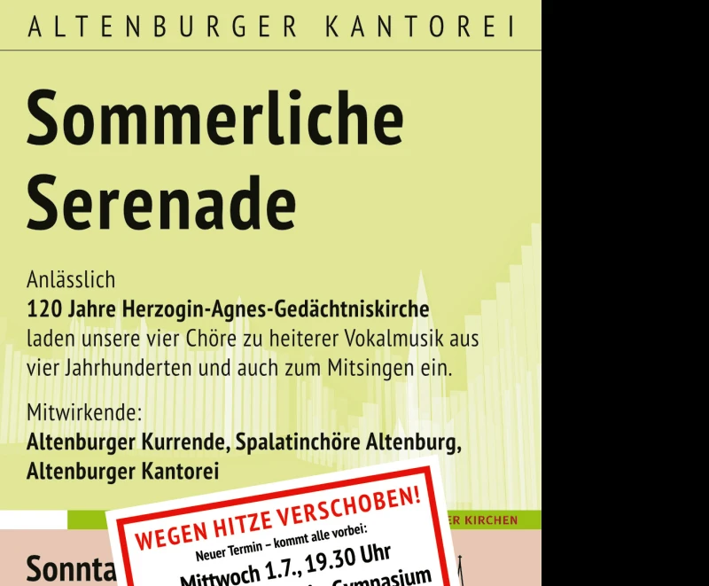 Herzogin-Agnes-Gedächtniskirche feiert ihren 120. Geburtstag mit einem Festgottesdienst und der sommerlichen Serenade | 